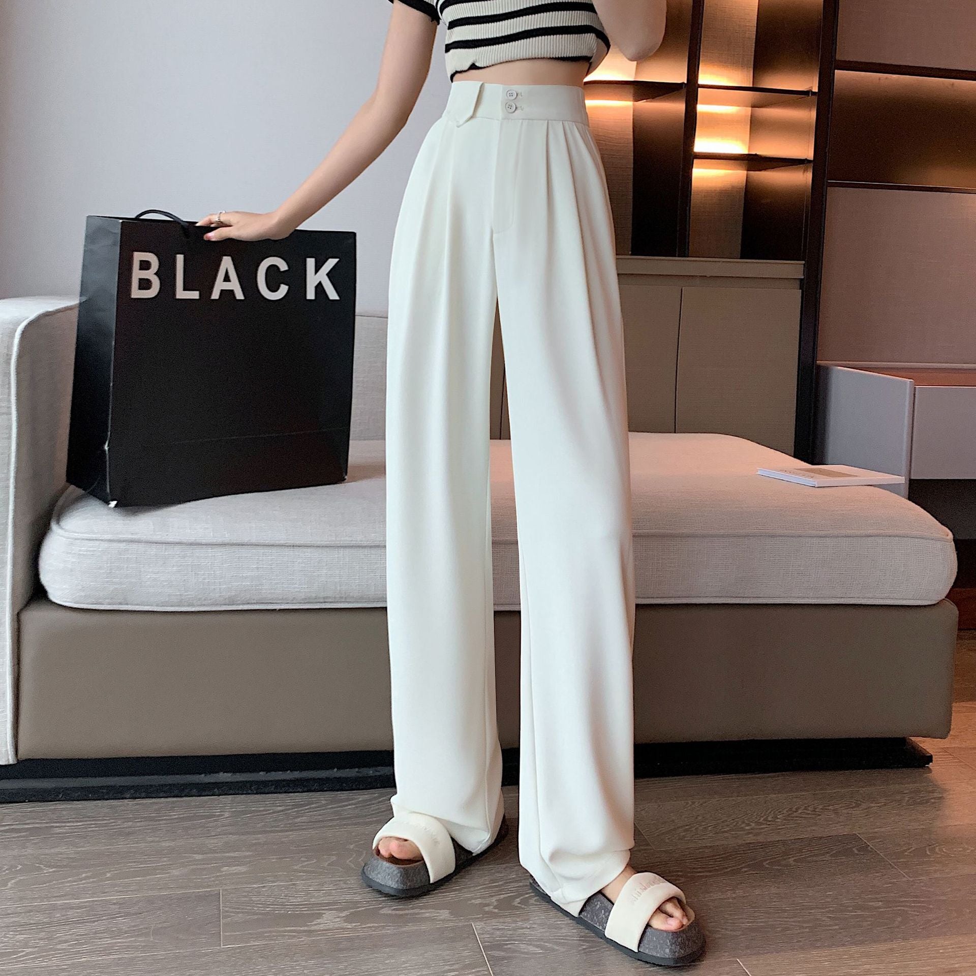 Cheap Women White Pants High Waist Elegant Wide Leg Trousers with Elastic  Casual Office Business Outfit for Ladies | Joom