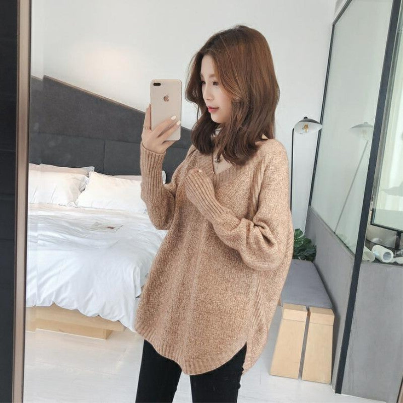 Pullover Sweater, Loose Outerwear Knit Top Long Sleeve, V Neck - A12