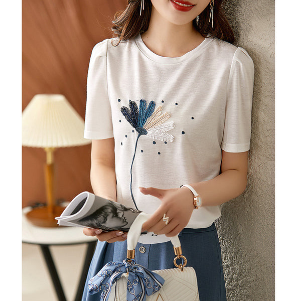 Round neck embroidered thin T-shirt women's ins pullover cotton top - A06