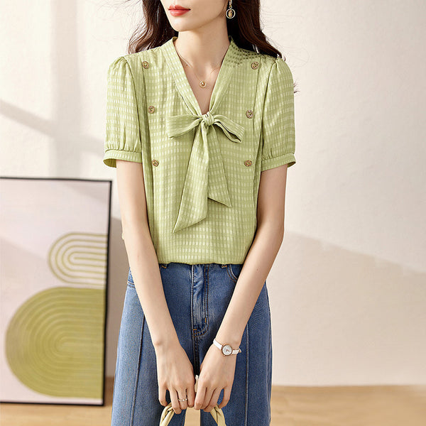 Bow tie fluttering collar striped jacquard, short-sleeved straight shirt - A01