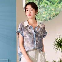 Loose short-sleeved ink painting silk shirt light shirt - A02
