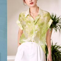 Løs kortermet blekkmaling silkeskjorte lys skjorte - A02 