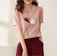 Round neck embroidered thin T-shirt women's ins pullover cotton top - A06